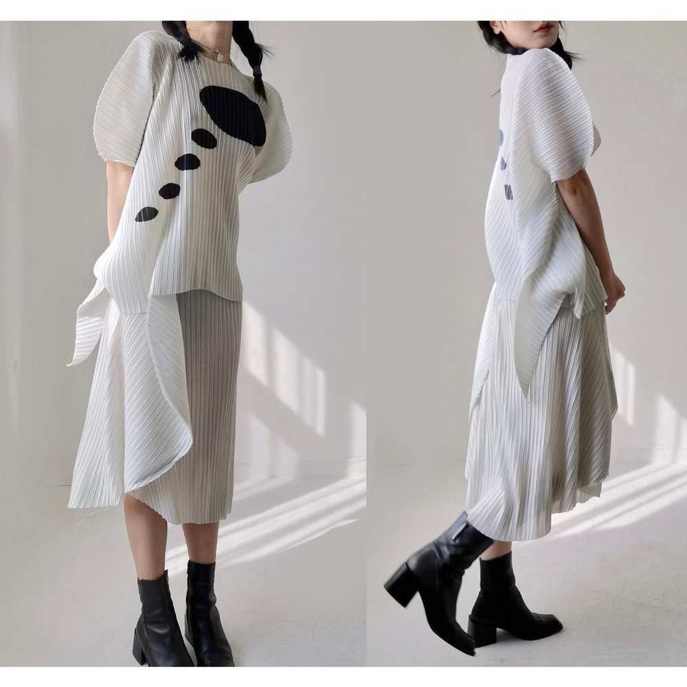Issey Miyake Pleats please beige dress set top skirt 2 piece - Picture 2 of 10